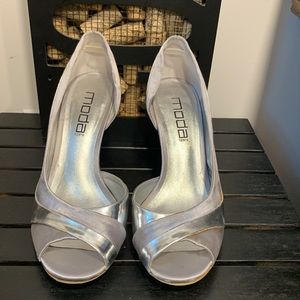 Silver evening shoes, worn once